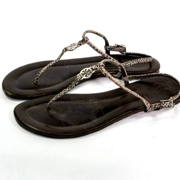 Tory Burch sz 10 leather t-strap sandals w logo medallion padded insoles flats - Picture 1 of 8